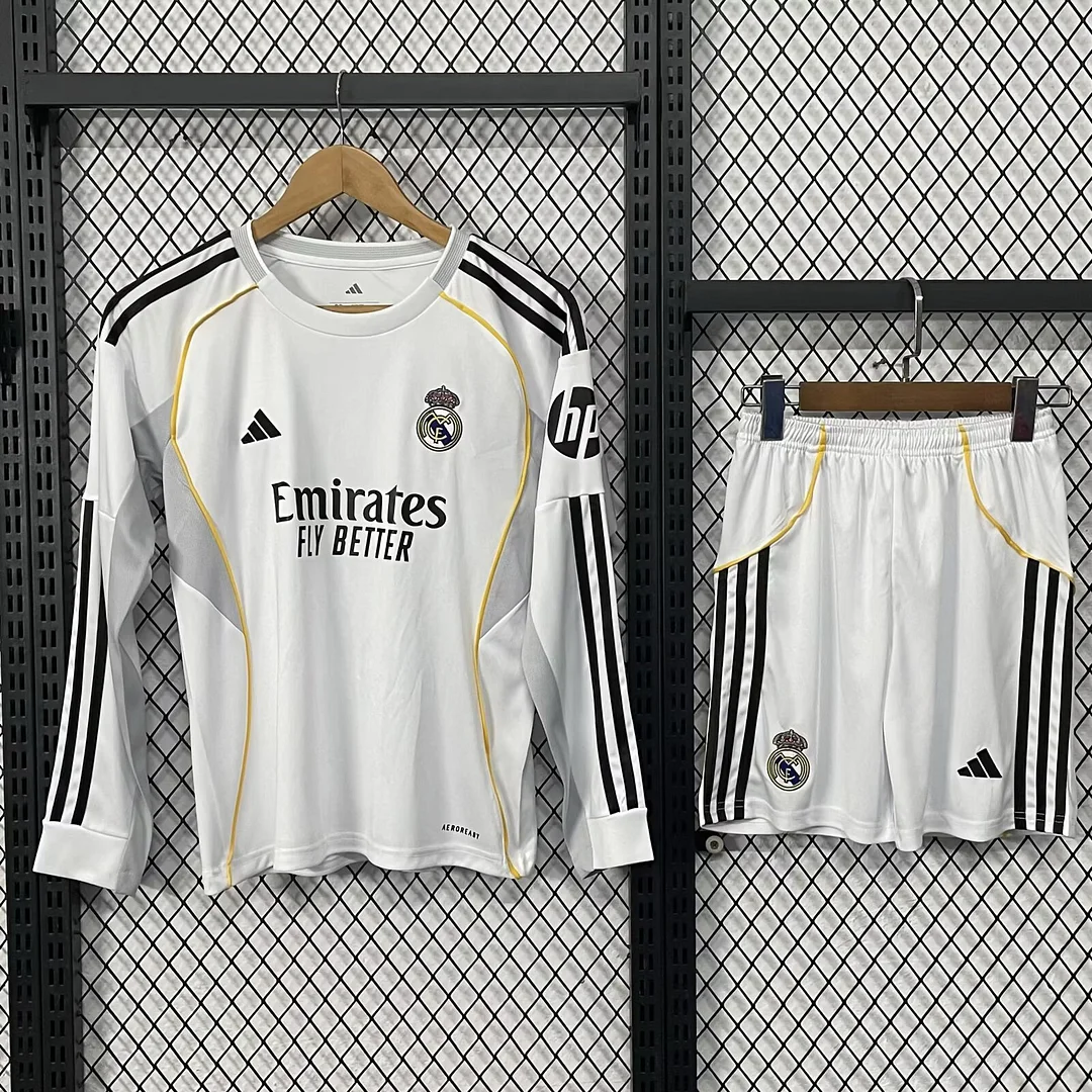 2025/2026 Long Sleeves Real Madrid Home Football Jersey 1:1 Thai Quality Kids Size